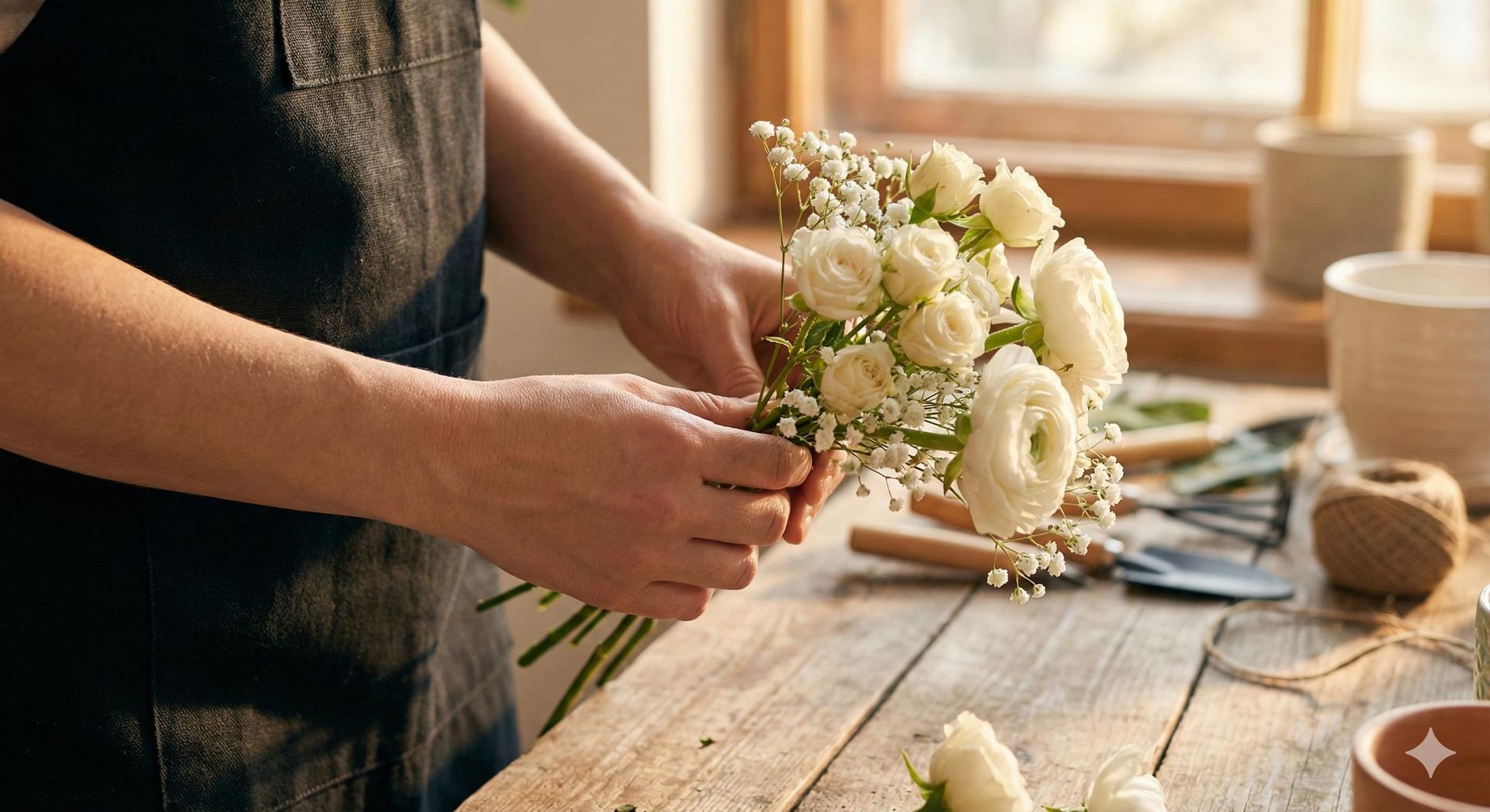 Hands arranging white roses